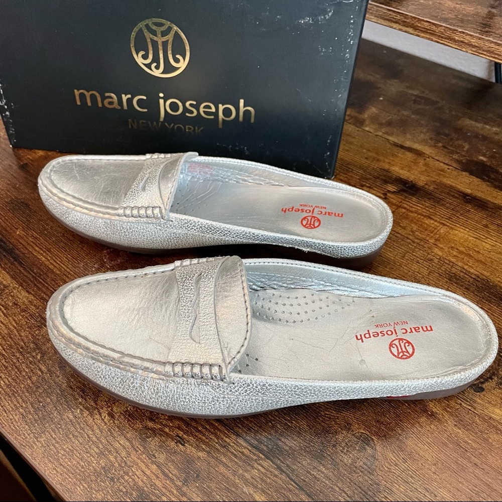 Marc Joseph Metallic Silver Leather Slip-On Mules